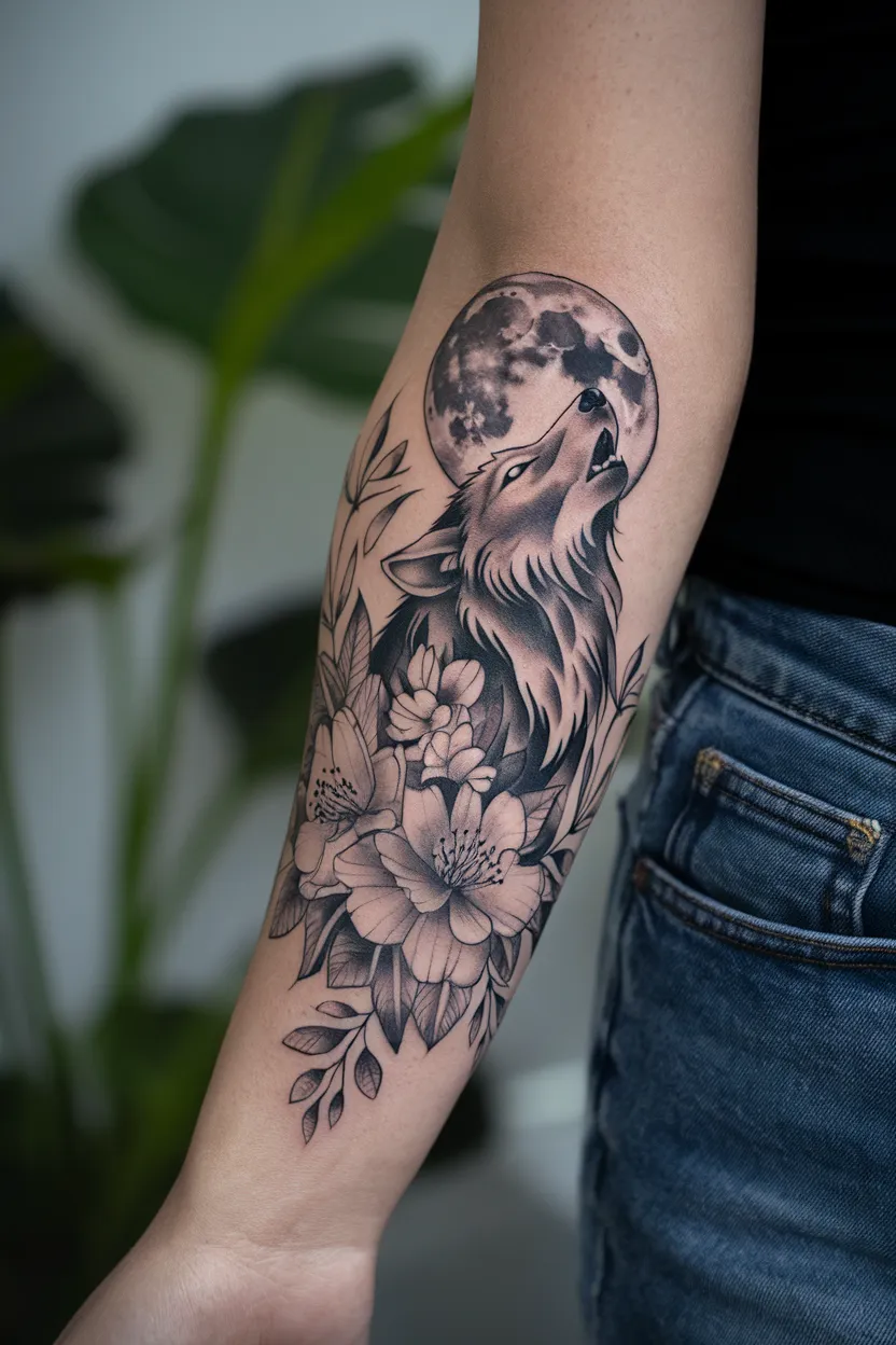 Floral Wolf Tattoo for Women