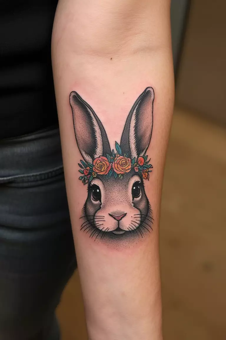 A close up shot of woman's arm with a black ink bunny with floral crown tattoo  