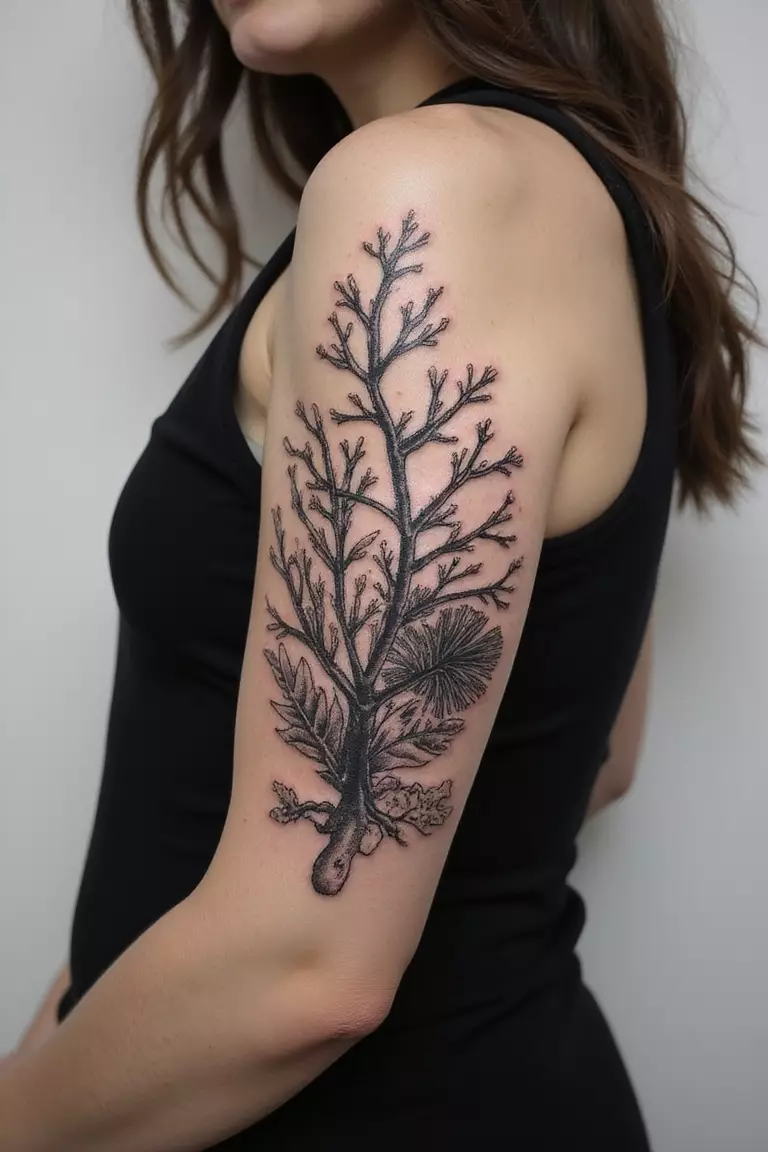 A close-up shot of a woman showing her black ink coral reef sleeve segment tattoo design on her arm