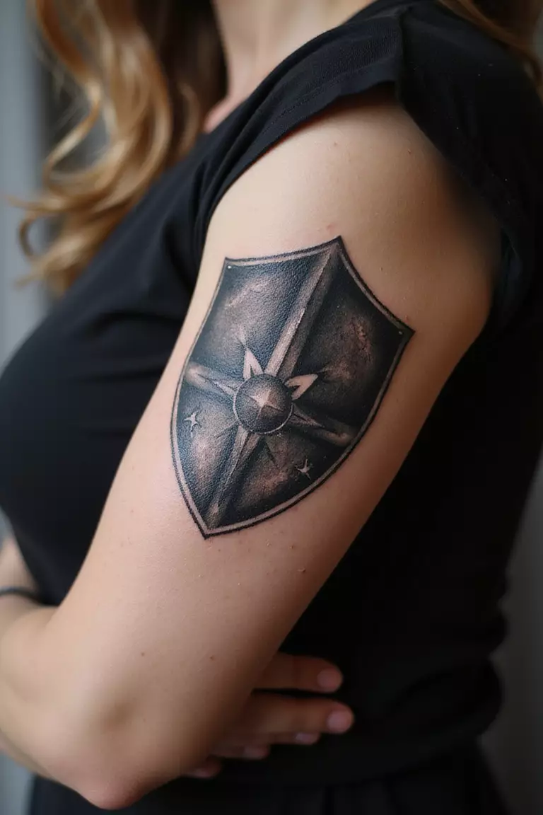 A close-up shot of a woman showing her black ink shield for protection tattoo on her arm