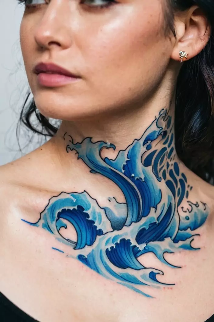 A photo of a woman with blue waves tattooed on her collarbone.  