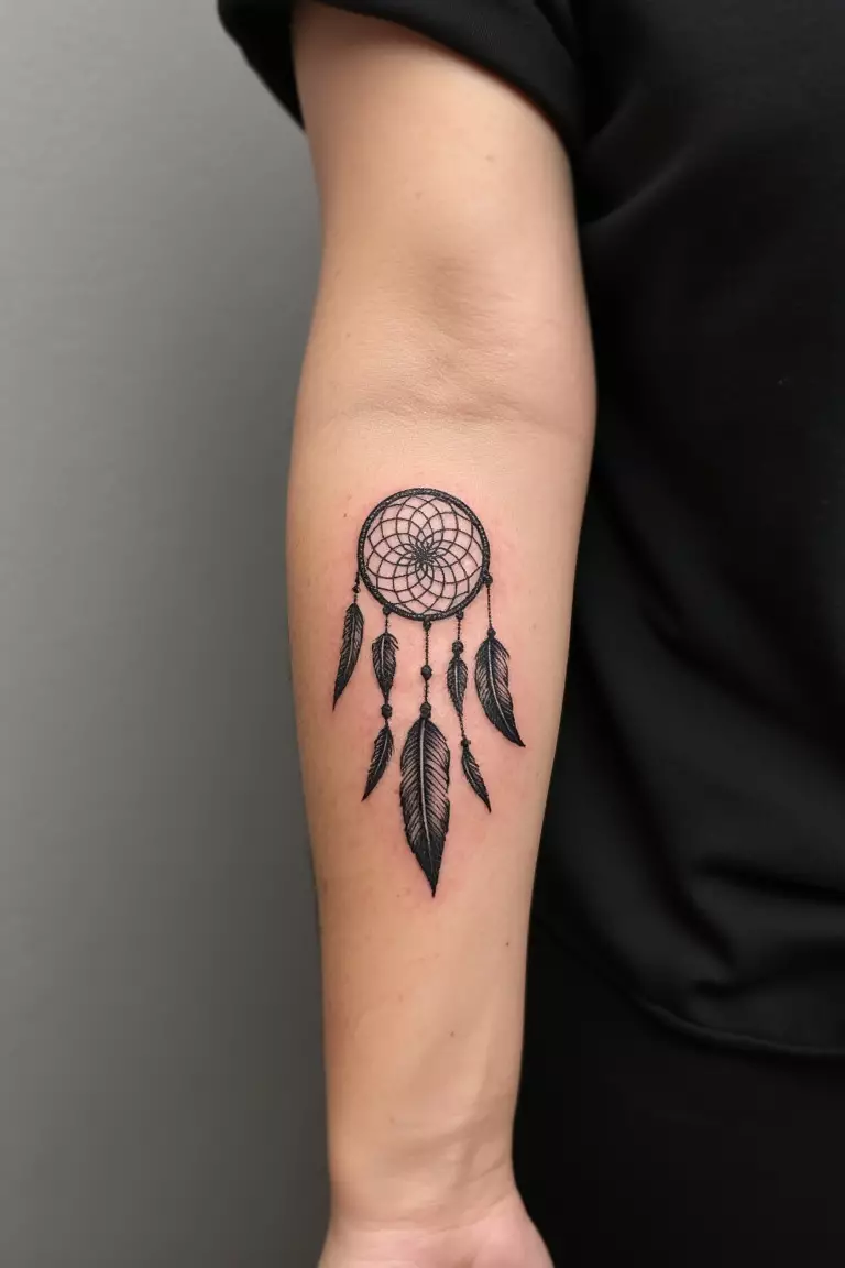 A close up shot of woman's arm with a black ink feather dreamcatcher tattoo.  