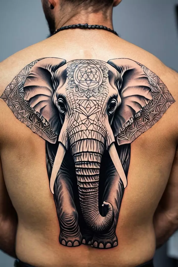 A close-up photo of a man showing his sacred geometry elephant tattoo, featuring an elephant designed with sacred geometry patterns that emphasize spirituality.  