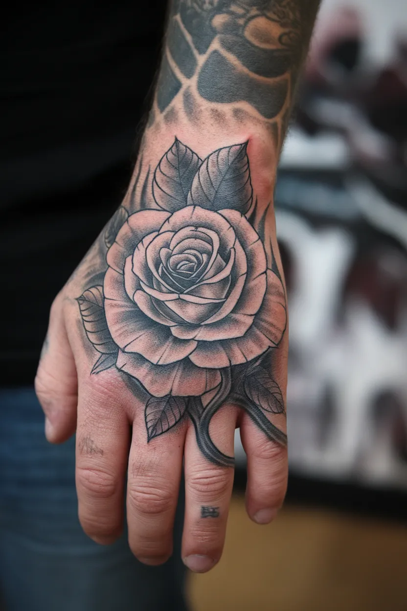 Dramatic Old School Rose Hand Tattoo