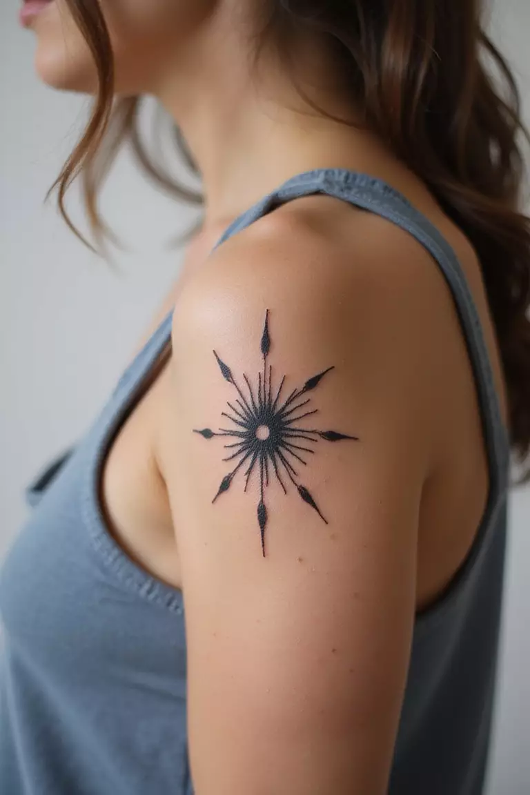 A close-up shot of a woman showing her black ink subtle starburst or sparkle tattoo design on her arm