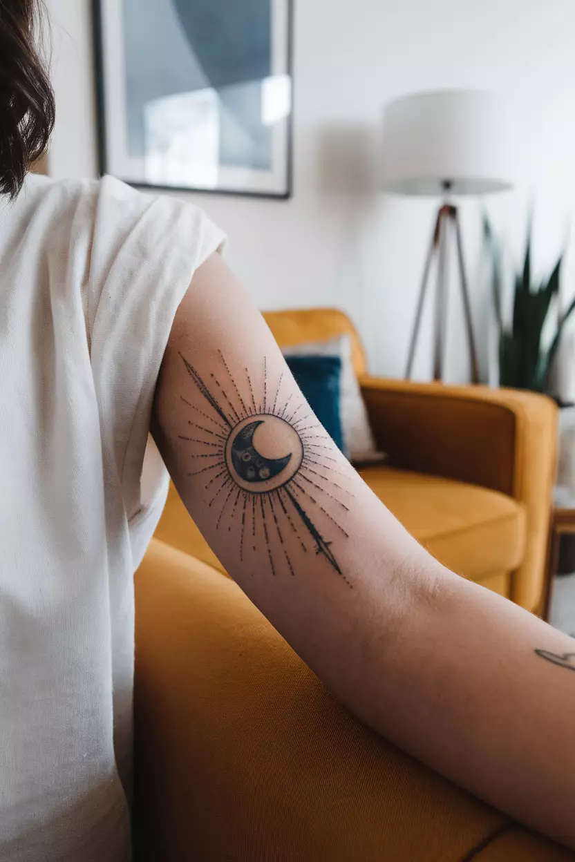 A close-up photo of a woman showing her arm with a linework tattoo of the moon in blue and the sun in yellow, showcasing a day and night contrast, tattoo design, living room background