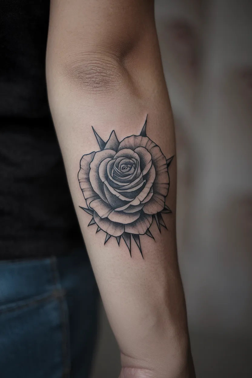Minimal Black Rose Tattoo on Forearm