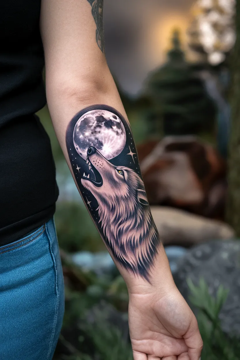 Wolf Howling at the Moon Tattoo for Women
