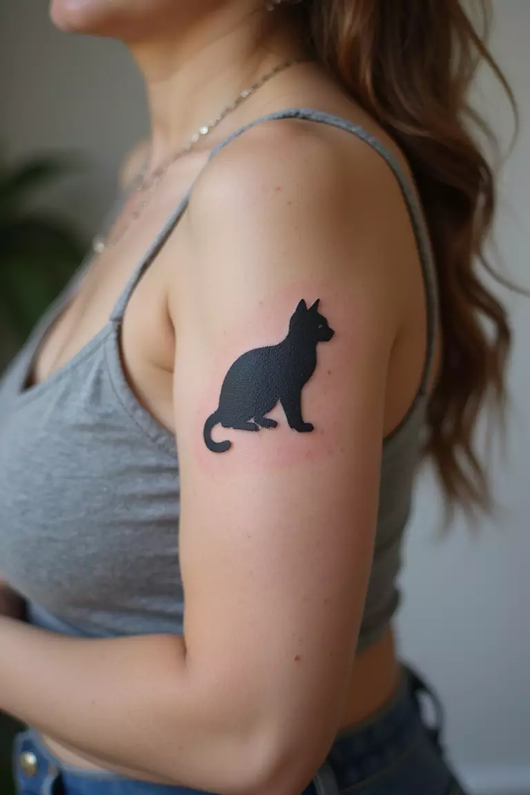 A close-up shot of a woman showing her black ink miniature cat silhouette tattoo design on her arm