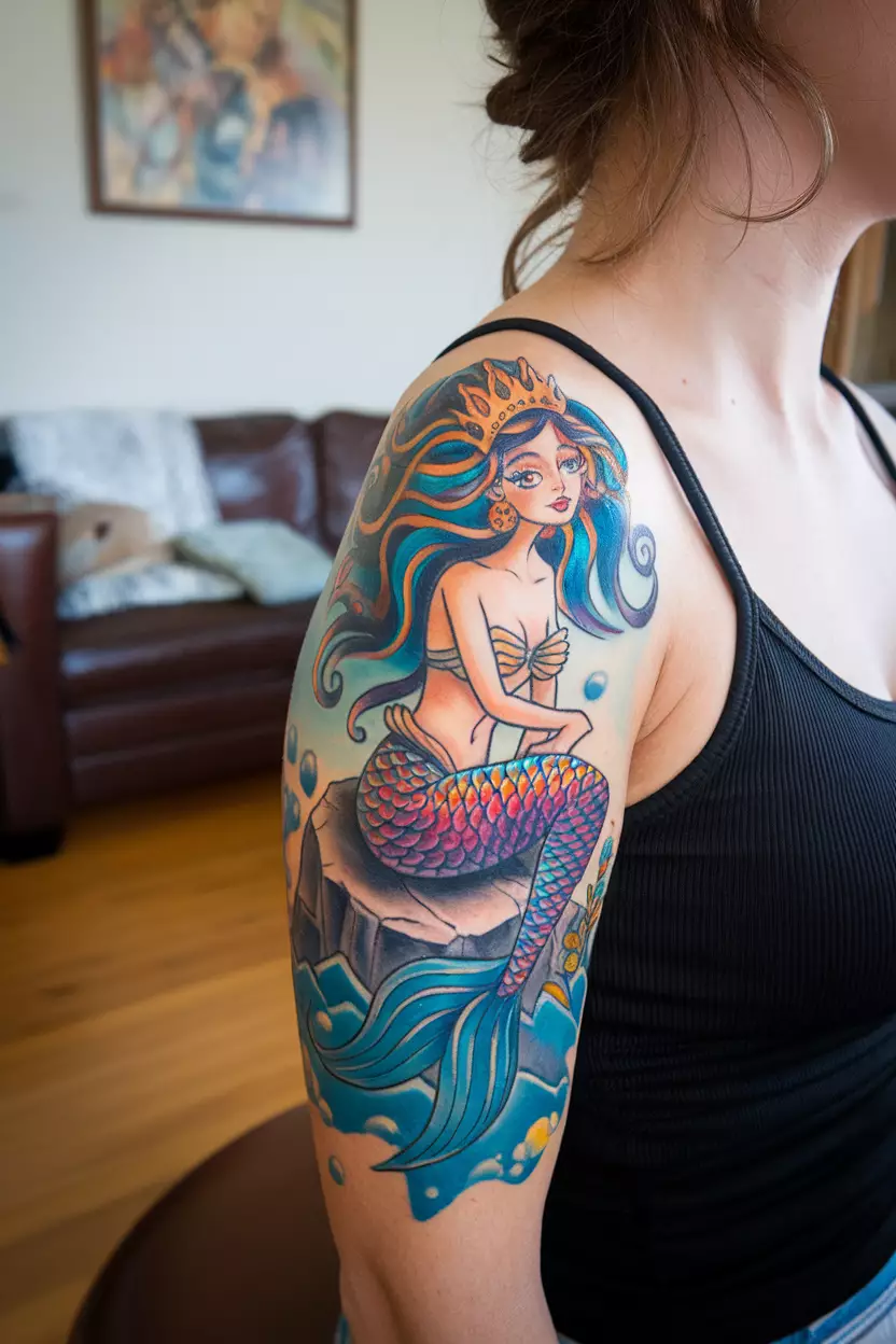 A close-up photo of a woman showing her whimsical mermaid tattoo with flowing hair and vibrant scales, representing femininity and allure in ocean mythology, tattoo design, living room background