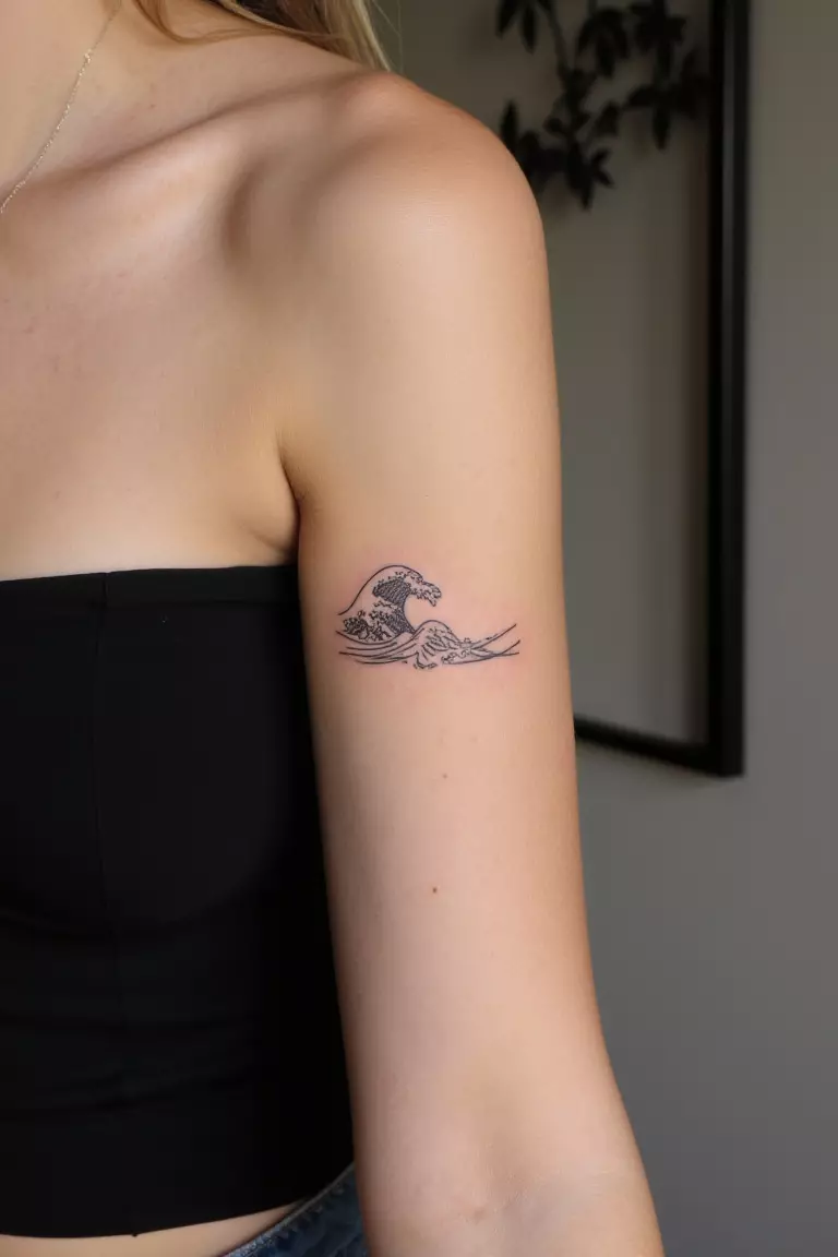 A close up shot of woman's arm with a black ink tattoo showing a minimalist wave design inspired by Greek art.