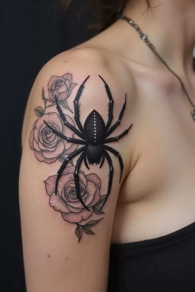 A close-up shot of a woman's arm with a black ink tattoo of a spider intertwined with delicate blooming roses.