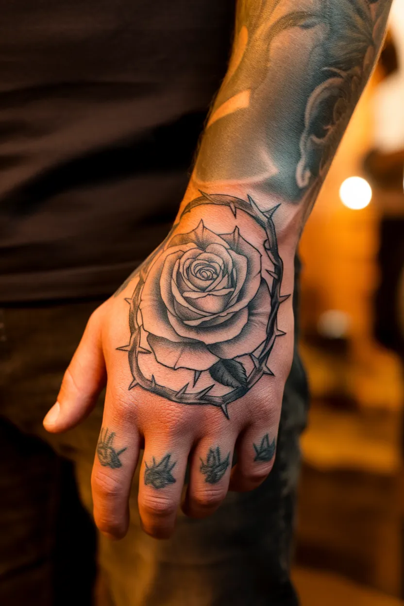 Black and Gray Rose Hand Tattoo