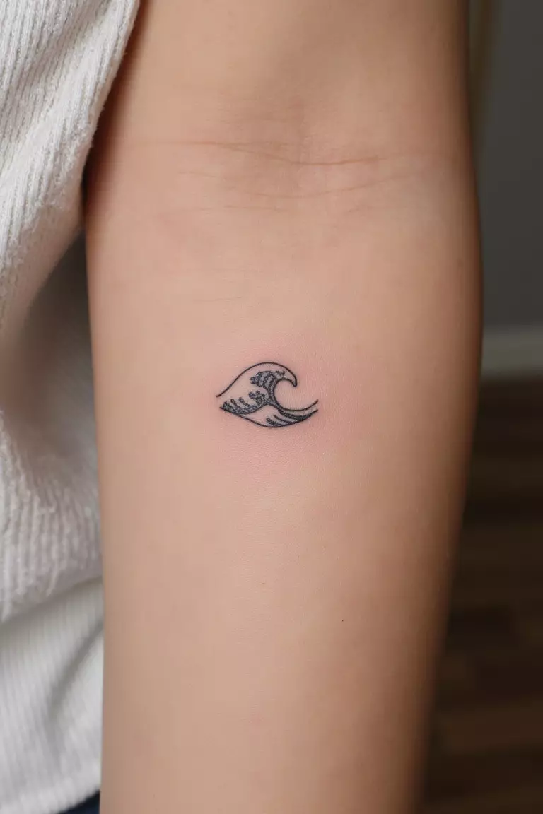 A close up shot of woman's arm with a black ink minimalist tattoo featuring simple outline of a small wave, fine line design, clean and elegant.