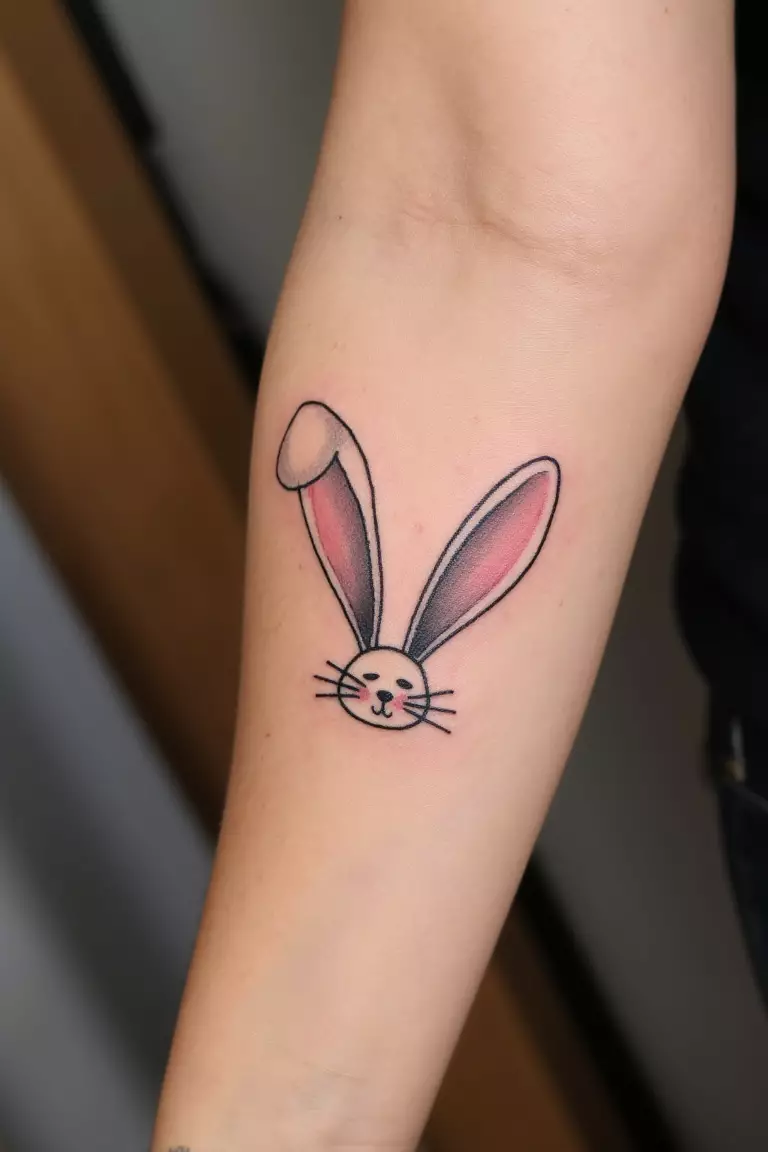 A close up shot of woman's arm with a black ink cute cartoon bunny with big ears tattoo  
