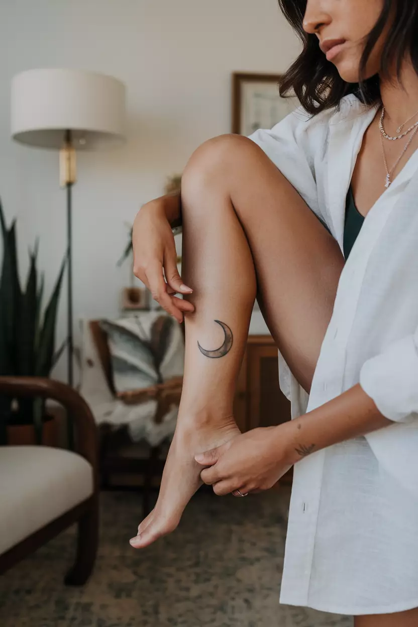 A close-up photo of a woman showing her ankle with a medium-sized crescent moon tattoo, simple yet elegant in design, tattoo design, living room background