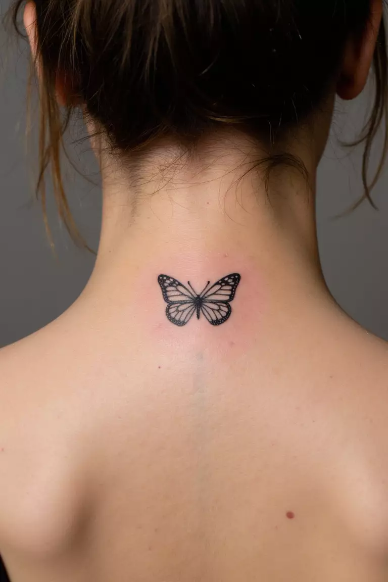 A close up shot of woman's neck from the back with a black ink tiny butterfly tattoo  
