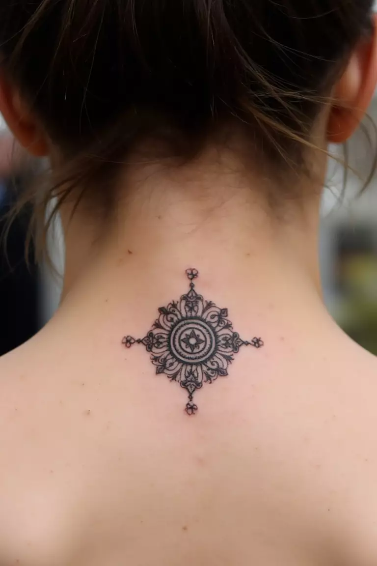 A close up shot of woman's neck from the back with a black ink tiny mandala tattoo  