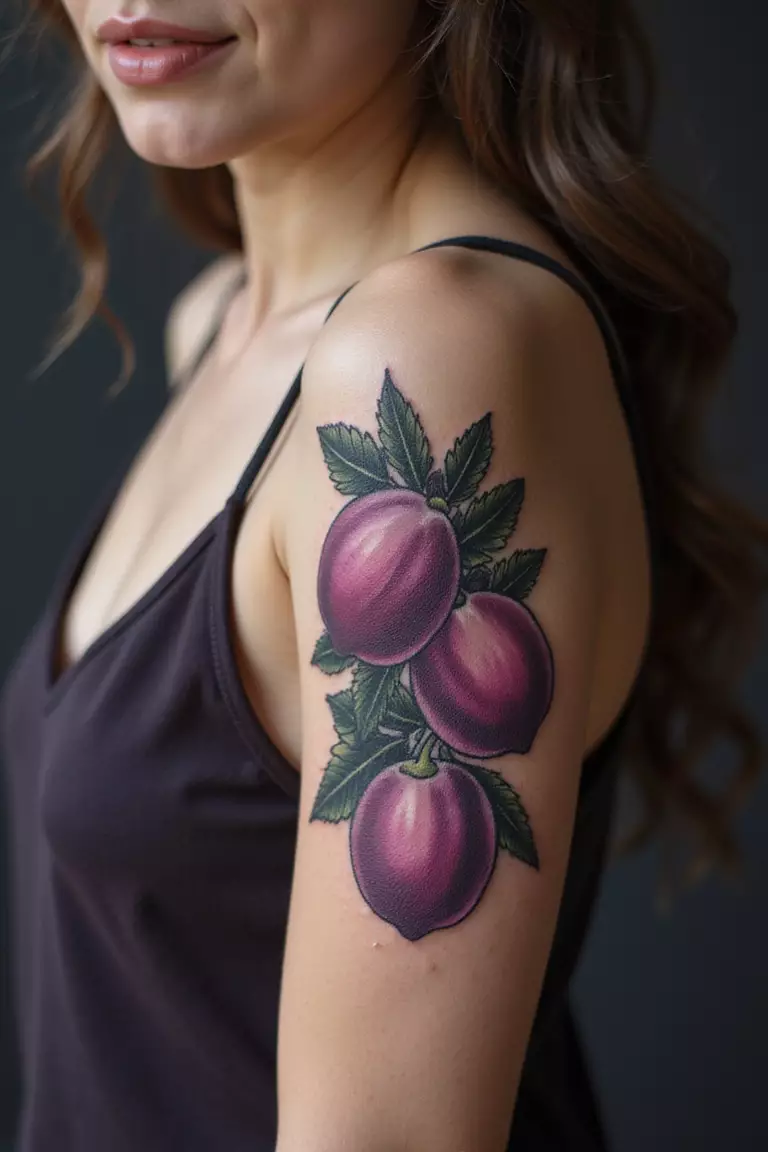 A close-up shot of a woman showing her black ink rich plum tattoo on her arm