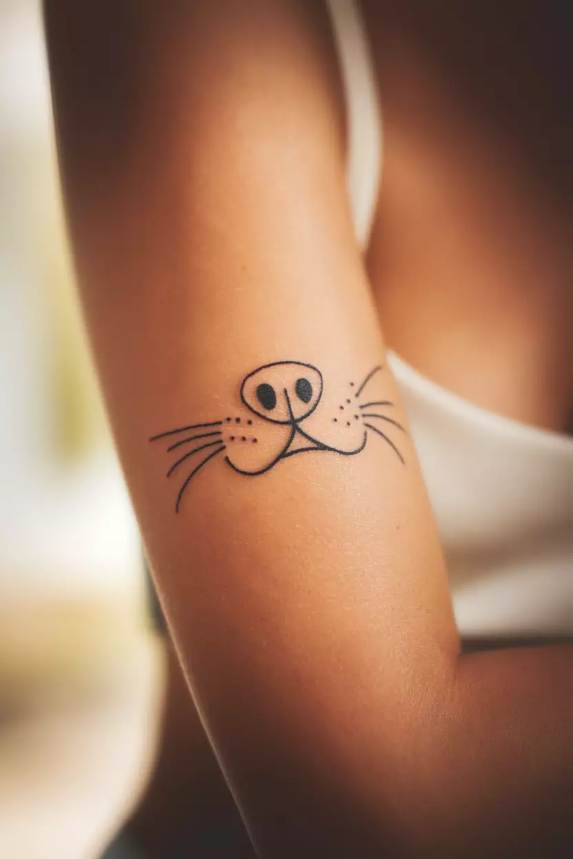 A close up shot of a woman's arm showing her black ink dog nose and whiskers outline tattoo
