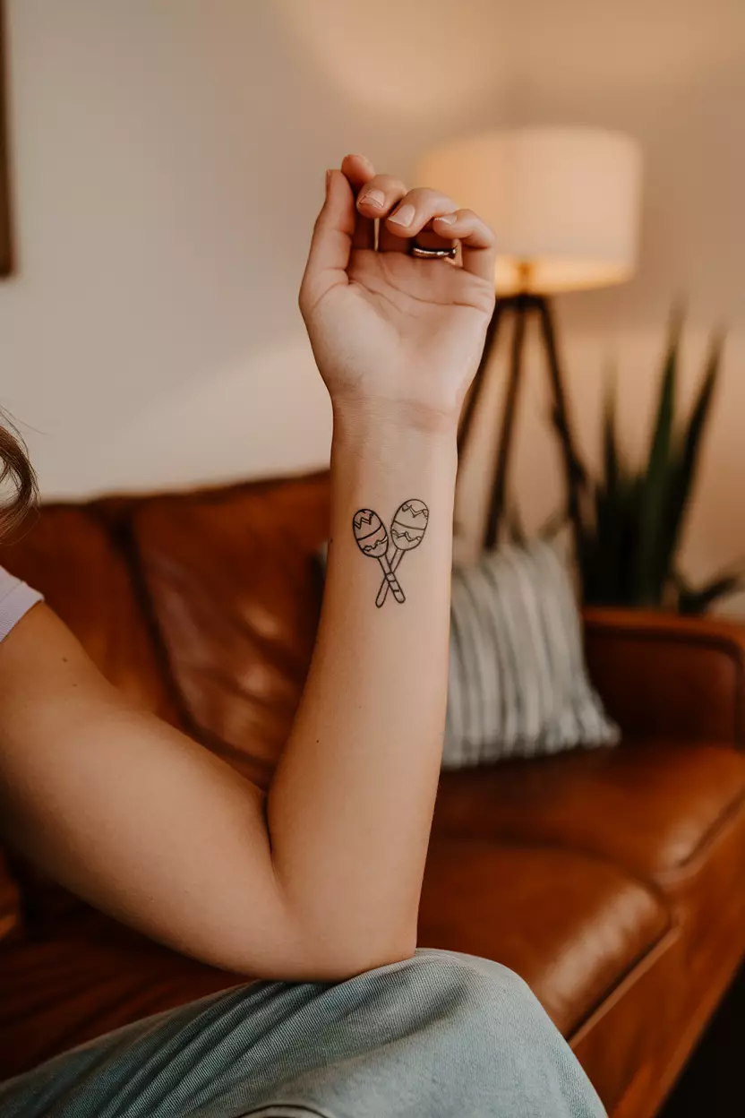 Tiny Maracas A close-up photo of a woman showing her tiny maracas tattoo with simple patterns, tattoo design, living room background