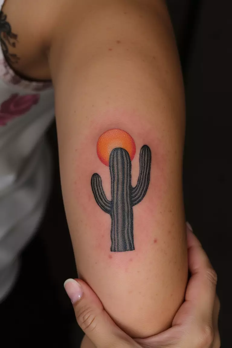 A close up shot of a woman showing her black ink cactus tattoo with a sun setting behind it on her arm  