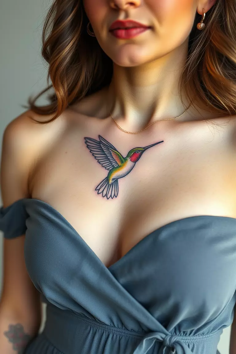 Sweet Hummingbird Tattoo Design Near the Chest A photo of a dressed woman with a sweet hummingbird tattoo design near her chest, featuring soft pastel shades