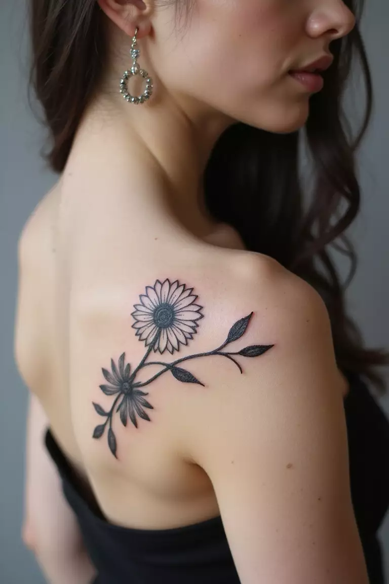A close-up shot of a woman showing her black ink delicate flower, like a daisy, tattoo design on her arm