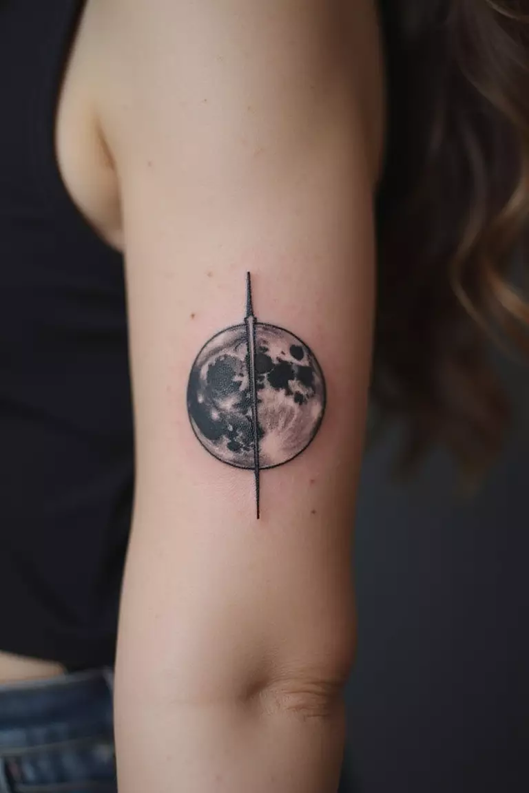 A close-up shot of a woman's arm with a black ink tattoo of a full moon.