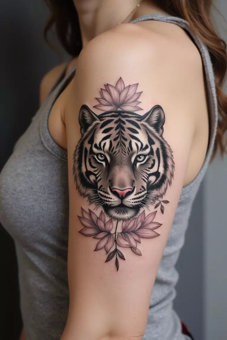 Tiger With Flowers A close-up shot of a woman's arm with a black ink tattoo of a tiger head surrounded by delicate flowers like lotuses or roses.