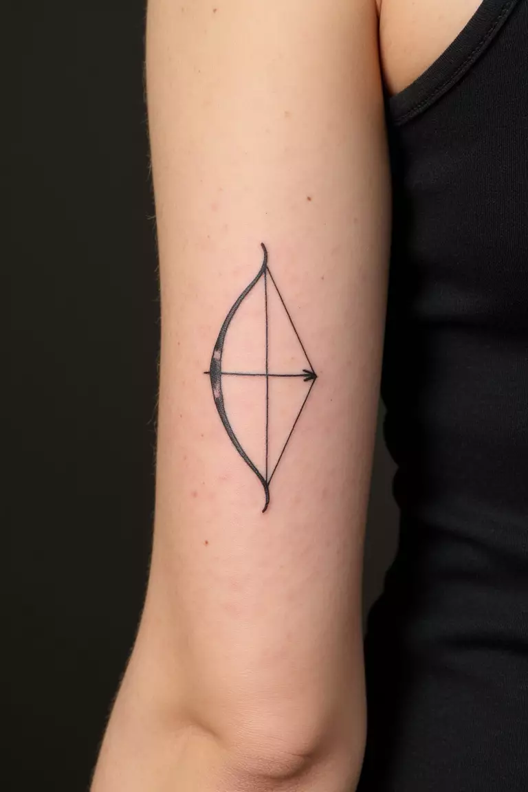 A close up shot of woman's arm with a black ink tattoo showing a minimalist bow representing Artemis, the goddess of the hunt and wilderness.