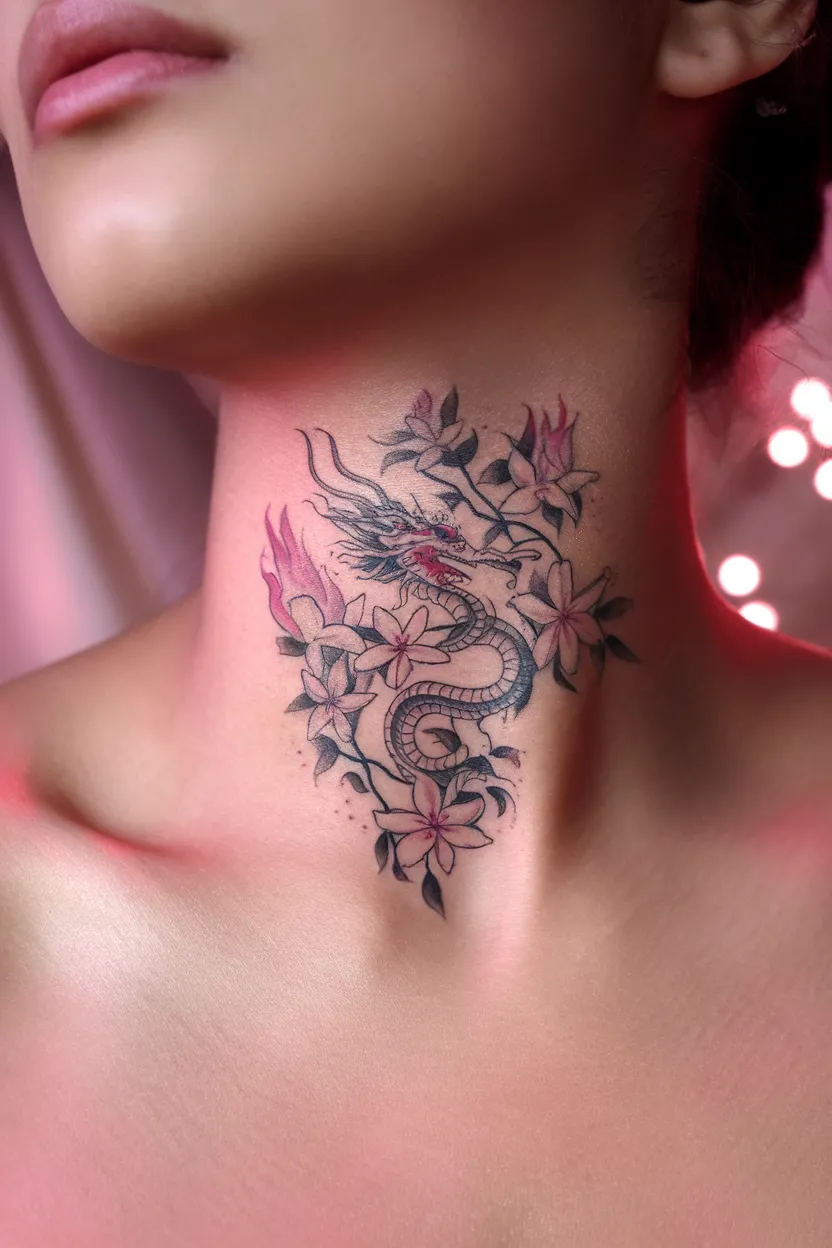 Jasmine Vine Dragon Neck Tattoo
