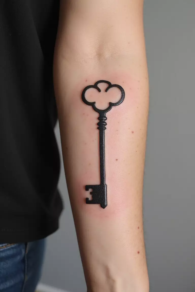 A close up shot of woman's arm with a black ink tattoo of a simple vintage key outline.