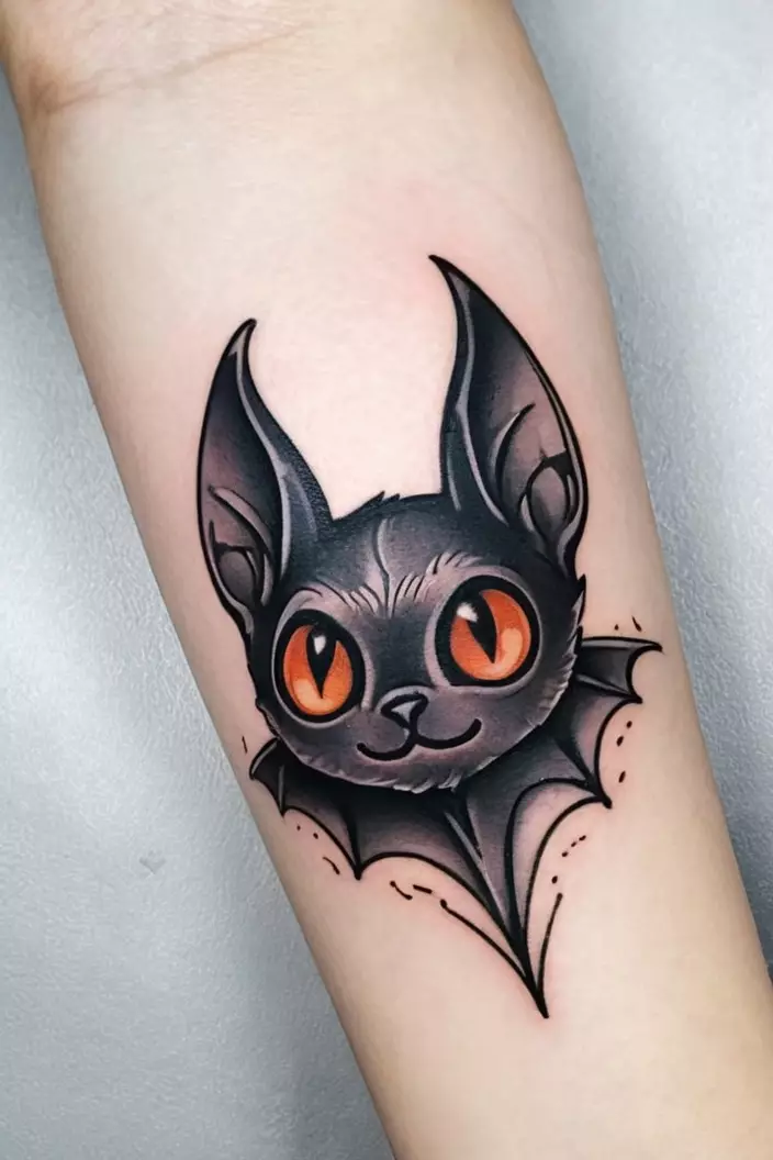 A close-up photo of a woman showing her cute bat tattoo with innocent eyes, designed with soft lines, on her forearm.  