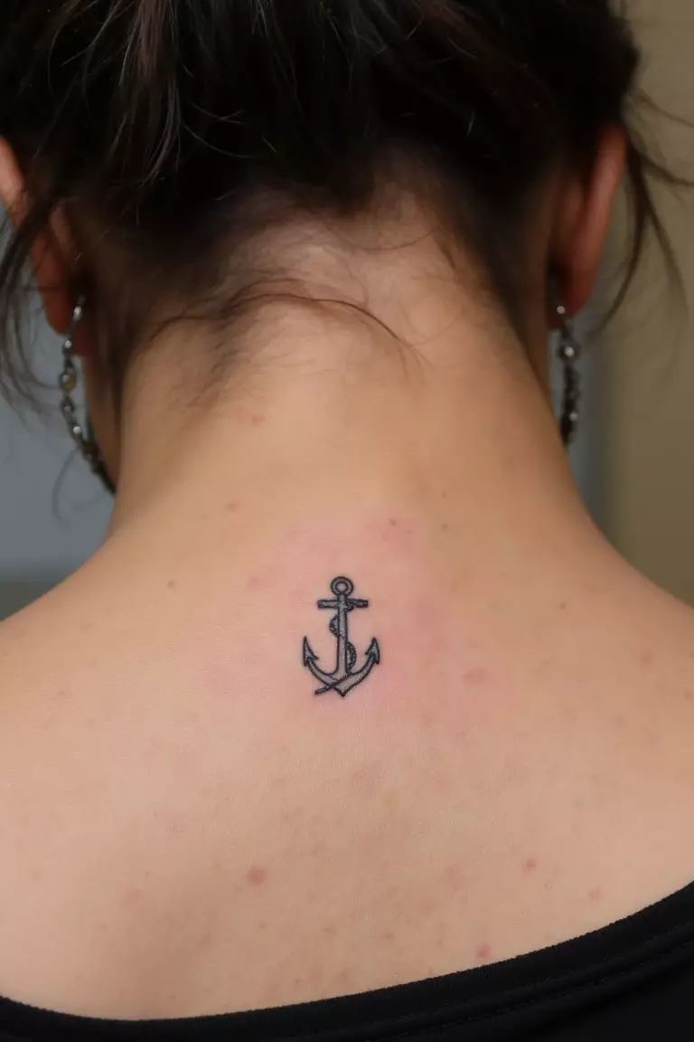 A close up shot of woman's neck from the back with a black ink tiny anchor tattoo  