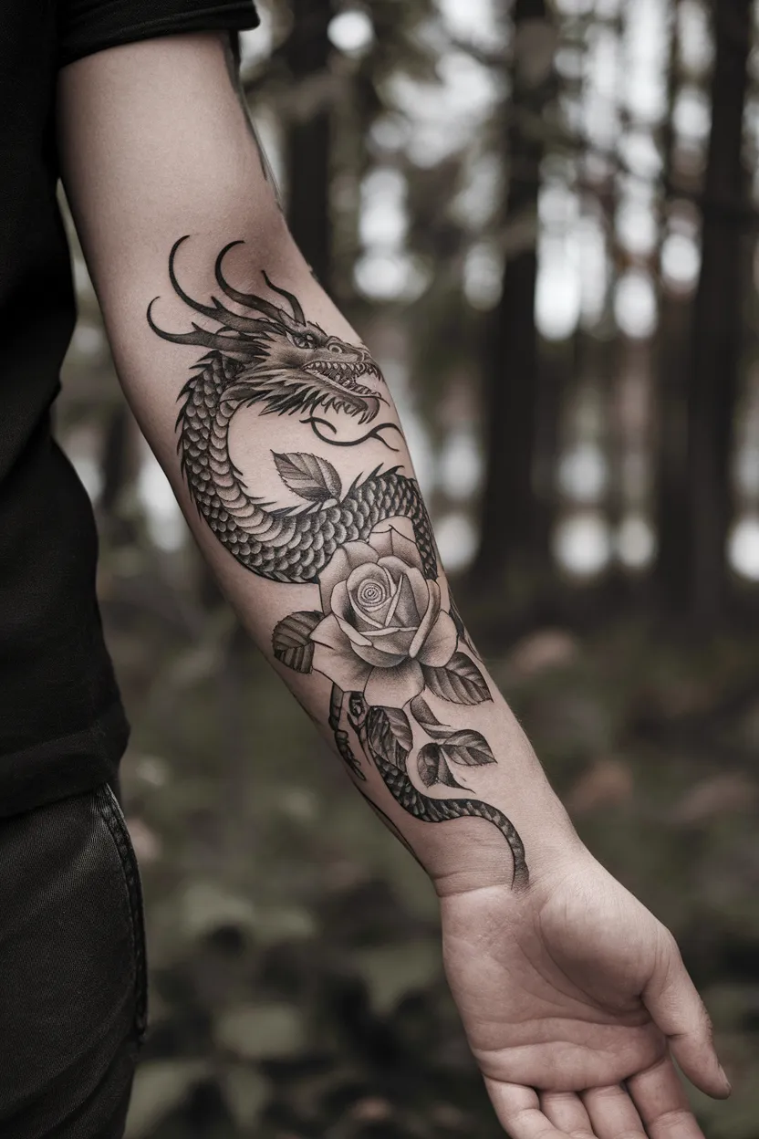 Blackwork Forearm Tattoo of Dragon With Roses