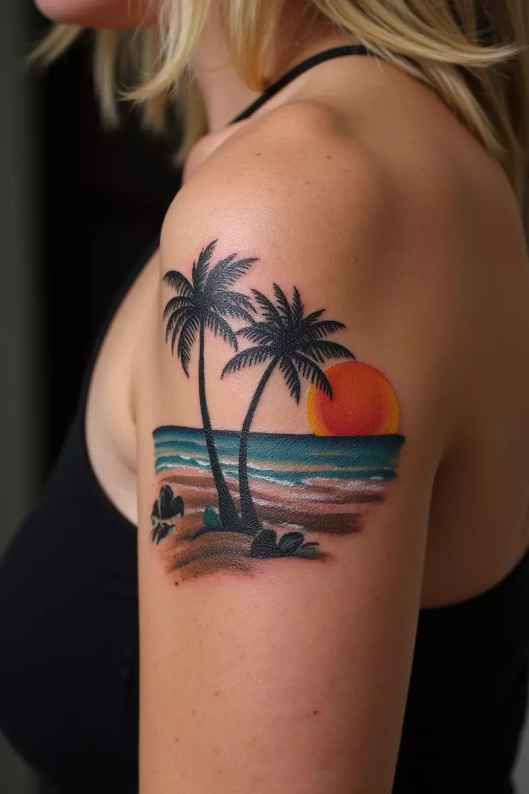 A close up shot of woman's arm with a black ink tattoo featuring beach design with palm trees and sand, enhanced with colorful ink to create dynamic effect.