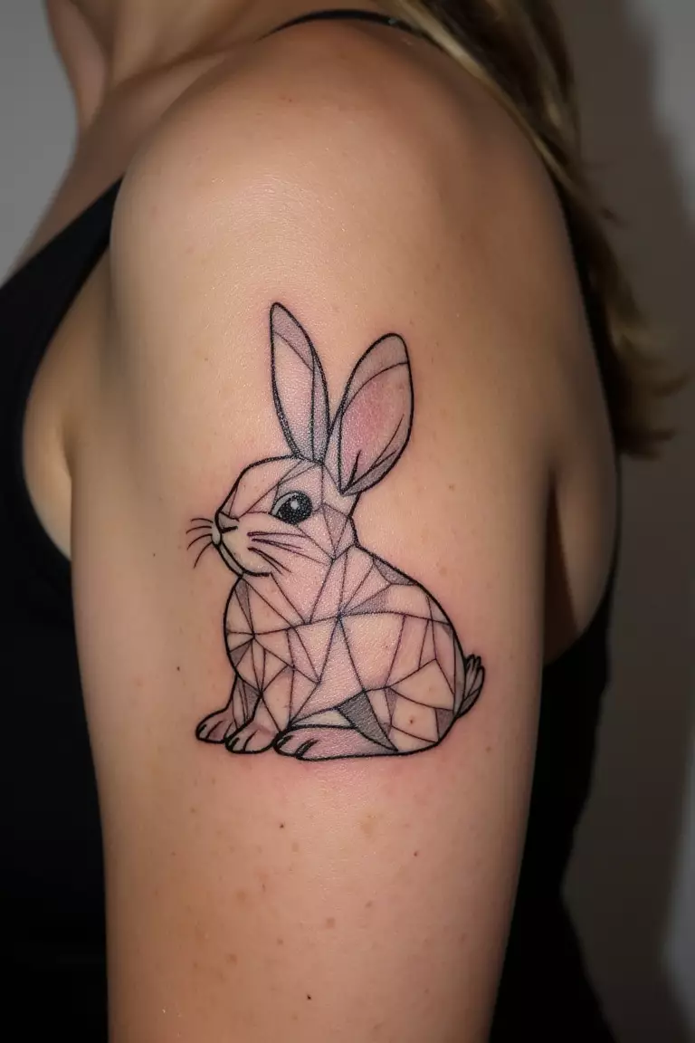 A close up shot of woman's arm with a black ink geometric bunny design tattoo  