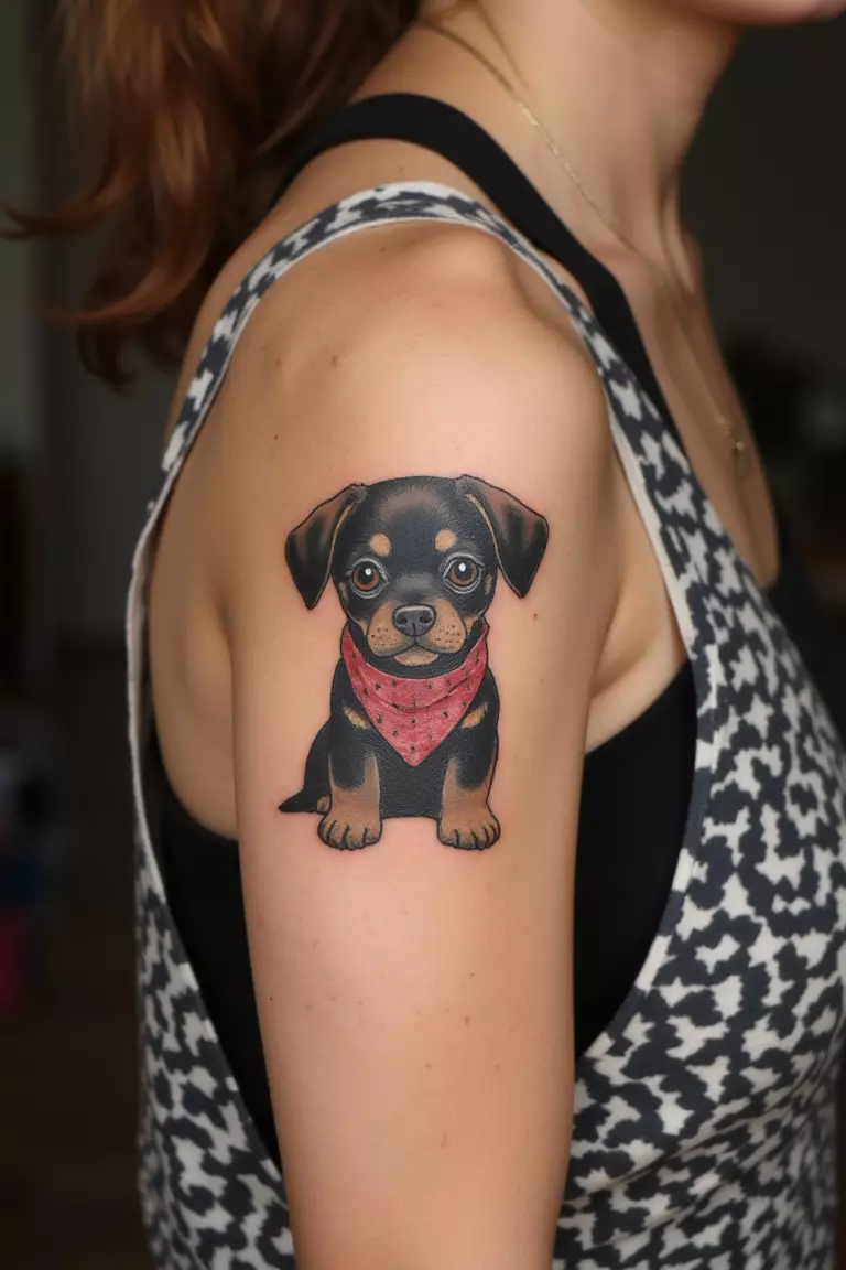 A close up photo of a woman showing her black ink tiny dog wearing a bandana tattoo on her arm  