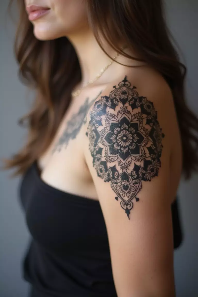 Mandala A close-up shot of a woman showing her black ink Mandala tattoo design on her arm