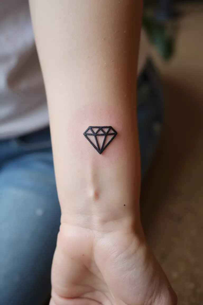 A close-up shot of a woman's arm with a black ink tattoo of a tiny, simple diamond outline.