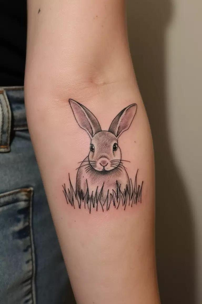 A close up shot of woman's arm with a black ink bunny playing in a field tattoo  
