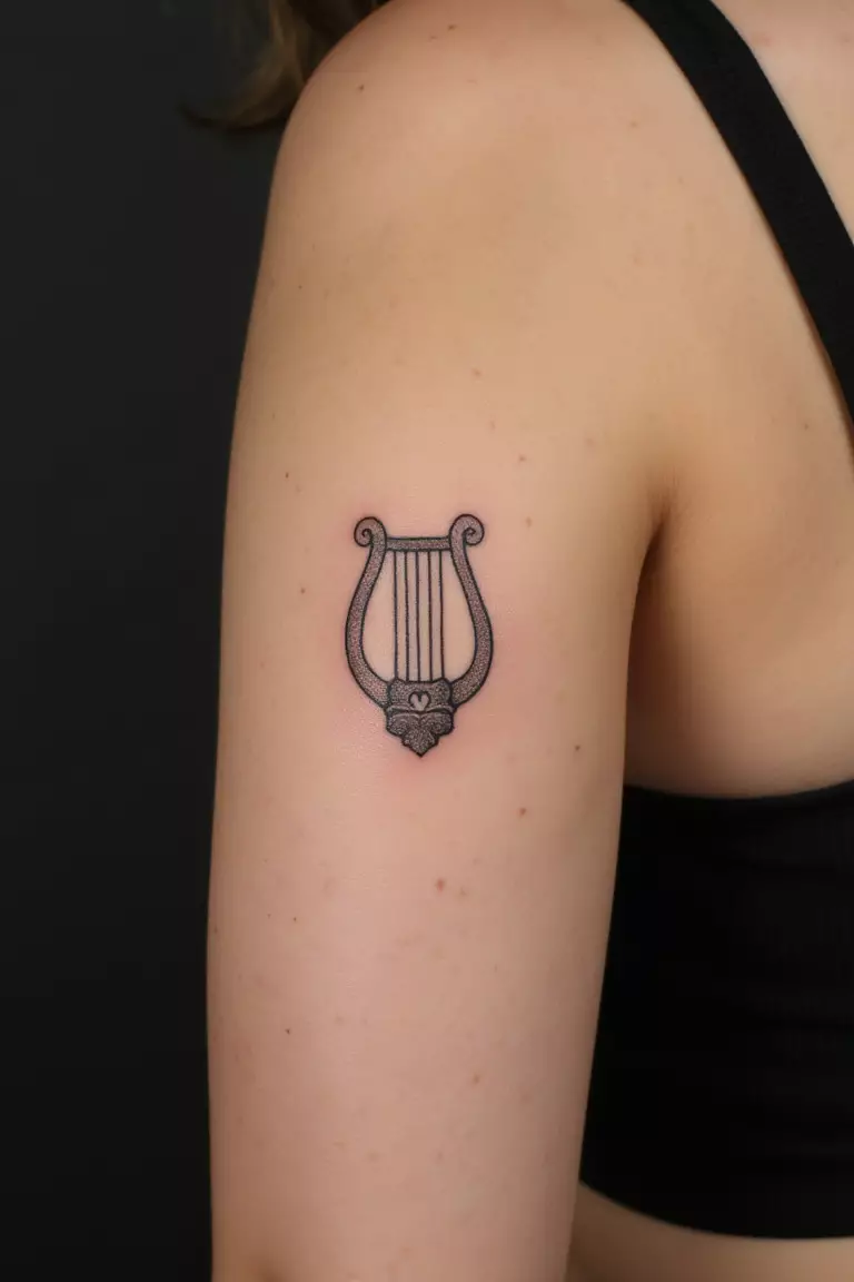 A close up shot of woman's arm with a black ink tattoo showing a minimalist lyre inspired by Apollo's musical instrument.