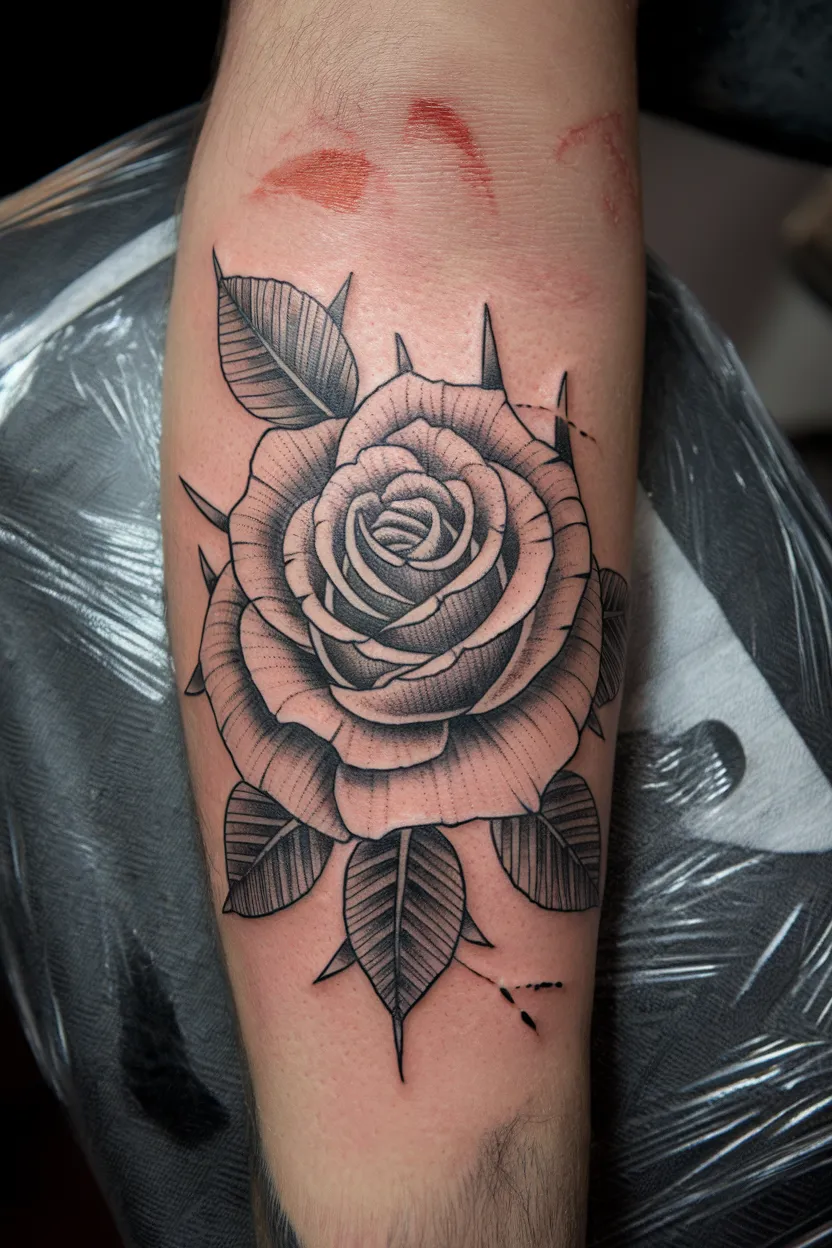 Blackwork Tattoo of Rose Over Biceps