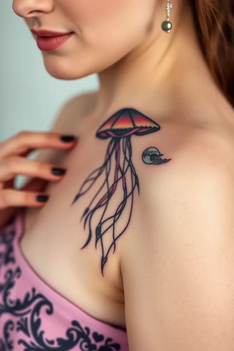 A close-up photo of a woman showing her jellyfish and ocean waves tattoo design.  