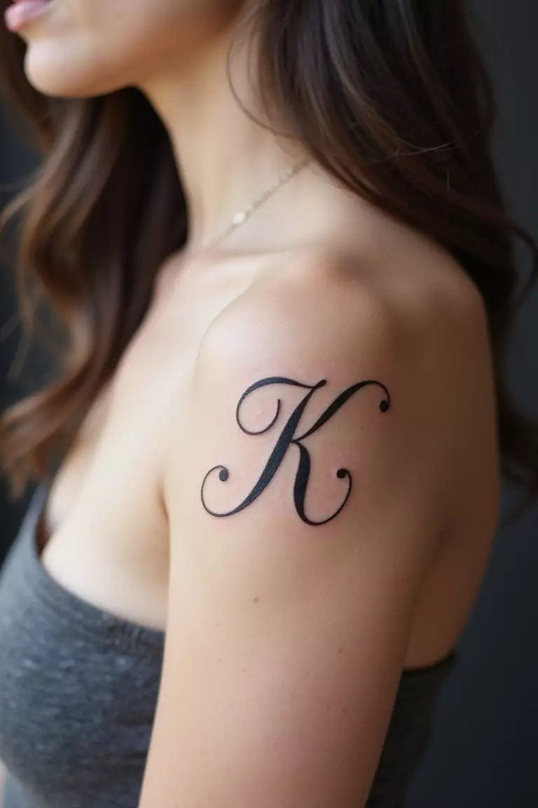 A close-up shot of a woman showing her black ink single initial 'K' in a fine line script tattoo design on her arm