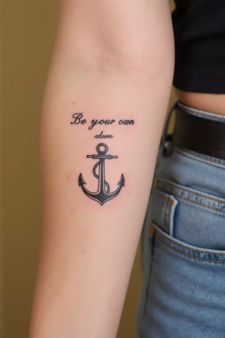 Minimal Anchor with Quote A close up shot of woman's arm with a black ink minimal anchor with quote