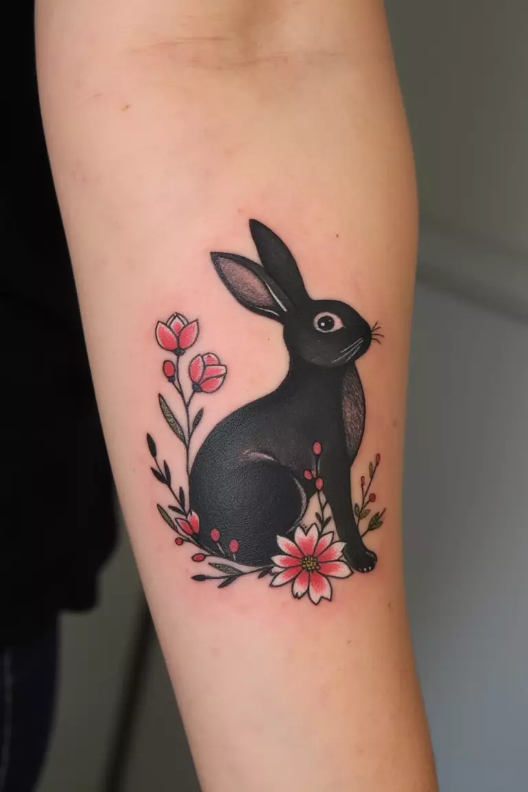 A close up shot of woman's arm with a black ink bunny surrounded by spring flowers tattoo  