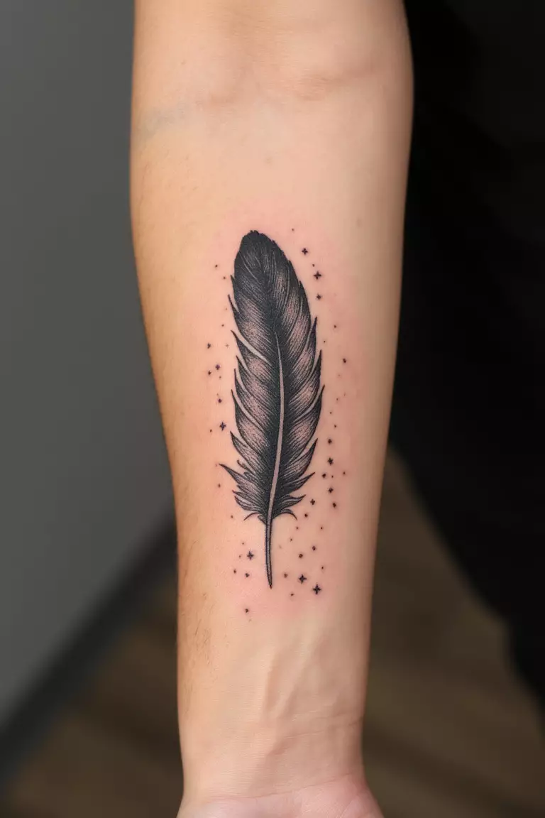 A close up shot of woman's arm with a black ink feather with stars tattoo, tiny stars scattered along feather shaft