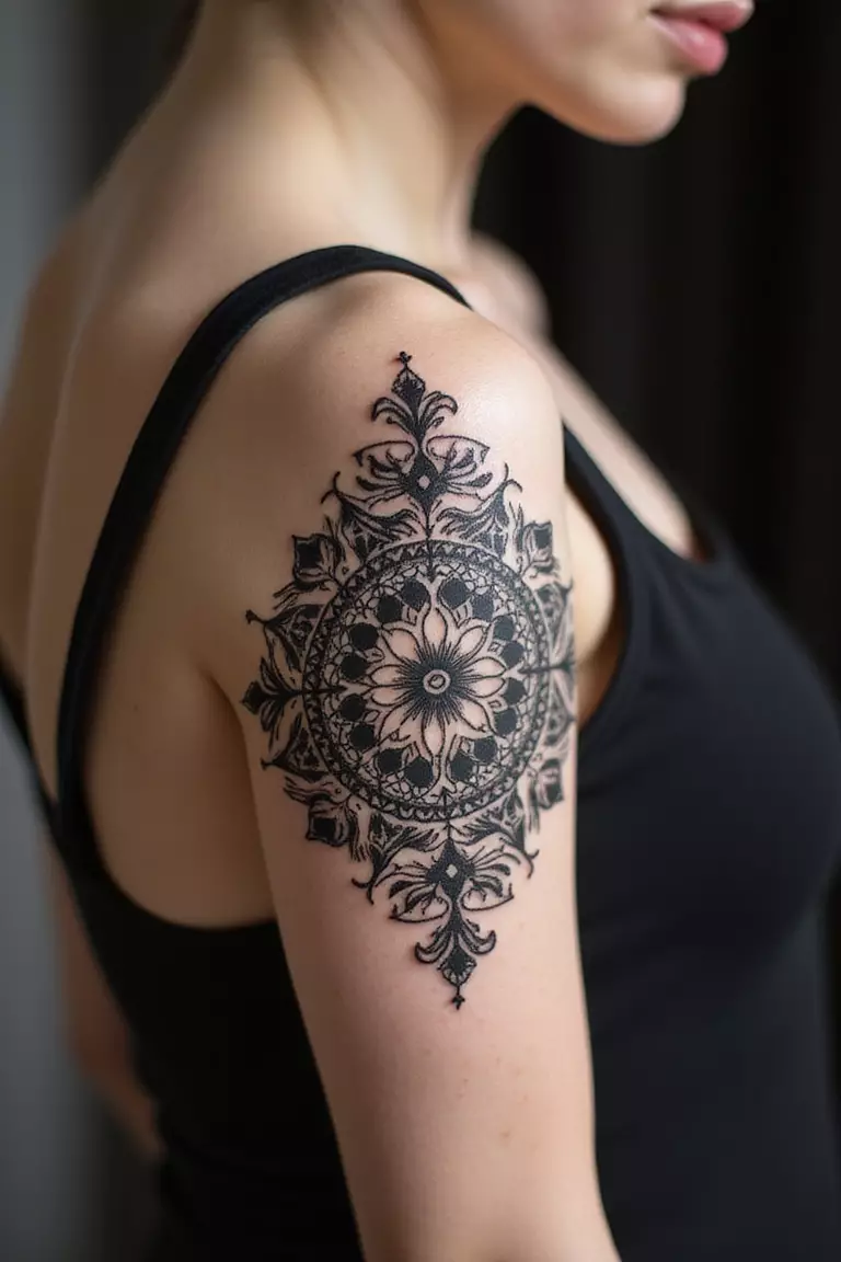 A close-up shot of a woman showing her black ink mandala design tattoo with intricate symmetrical patterns on her arm